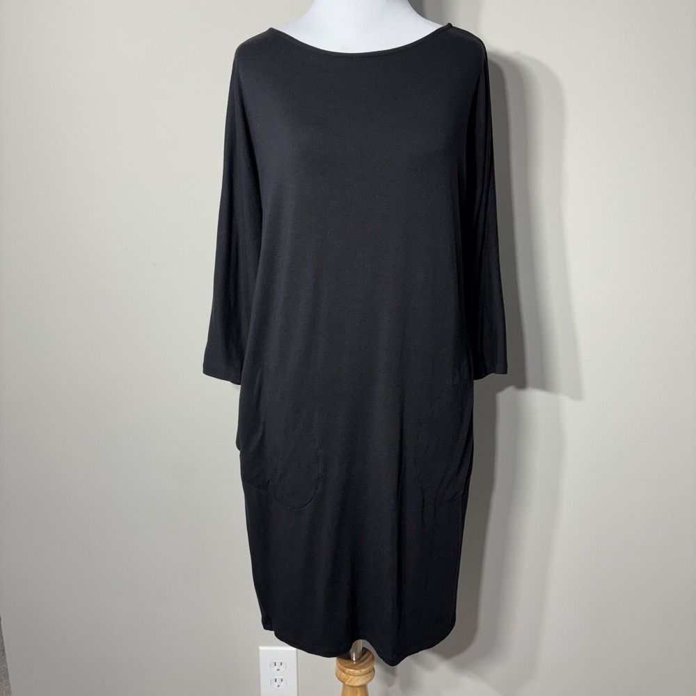 Garnet Hill Tunic Dress XS Black 3/4 Sleeve Stretch Minimalist Tencel Lyocell
